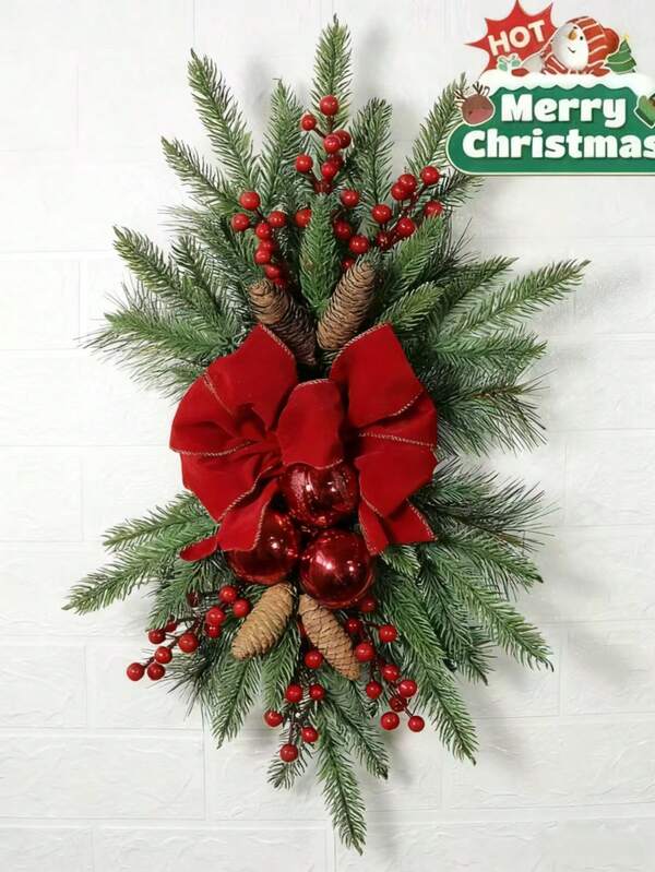 1pc Christmas Wreath Pendant Bow Ornaments, Featuring Bright Red Bow, Fake Red Berries, Faux Brown Pine Cones, Artificial Greenery. For Wall Decor, Living Room Home Decor, Garden, Bedroom, Fireplace, Window, Cabinet, Christmas Table Decoration. For Weddings, Birthdays, Xmas, Eve, Winter Parties, Holiday Decorations, Family Gatherings, Holiday Gifts.