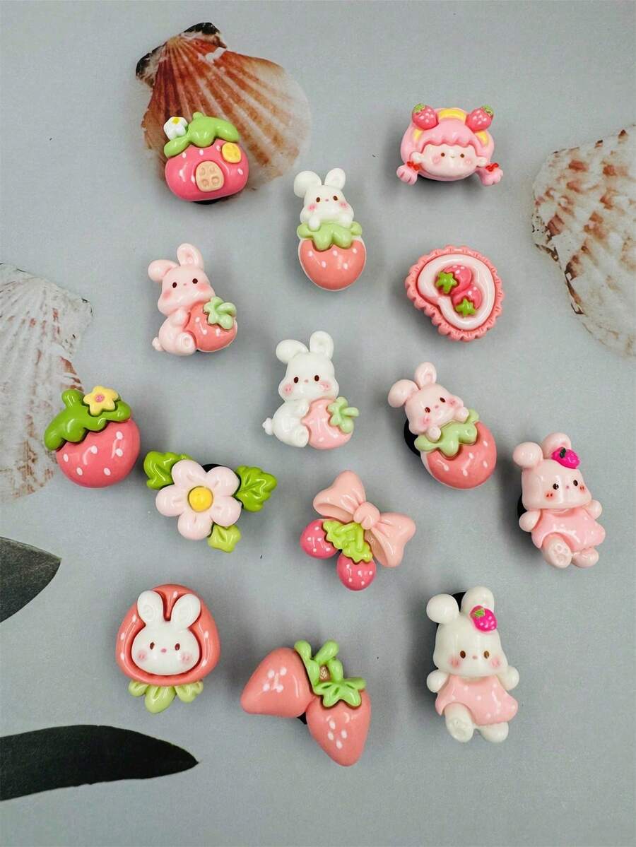 Bộ 14 món đồ trang trí giày bằng nhựa hoạt hình mùa hè DIY, hình thỏ hồng, dâu tây, thiết kế cho bé gái, thích hợp cho giày thường ngày, guốc gỗ và dép xăng đan, bền và đáng yêu, tuyệt vời cho tiệc tùng và quà tặng sáng tạo cho bé gái - Nhiều màu - Xem 1