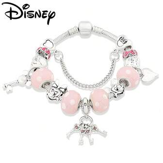 Disney 1pc Cute Pink Polka Dot Crystal Cartoon Bracelet, Silver-Plated Heart, Mickey Mouse Beaded Jewelry Fashion Gift