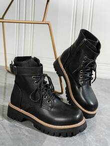 Women's Black Ankle Boots, Buckle Thick Sole Boots, 2025 Autumn/Winter New Arrival, British Style Lace-Up Side Zipper Short Boots, Motorcycle Boots, Vintage British Style 8-Eyelet Version; Sweet & Cool Girl Style + Dress; Casual Street Style With Hoodie + Jeans + Accessories (Hat / Sunglasses)