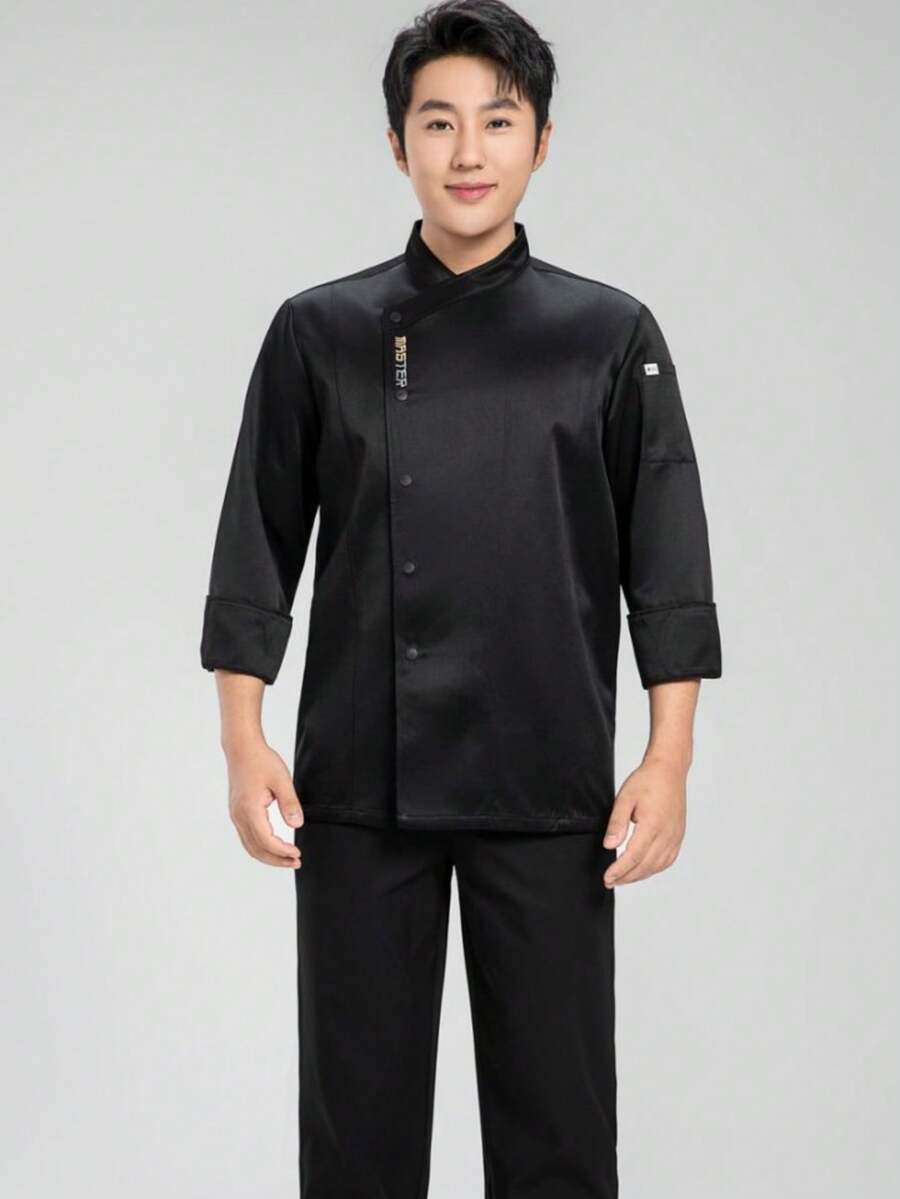New Men's Long Sleeve Oblique Collar Embroidered Single-Breasted Chef Jacket - Black - View 1