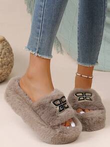 8cm Pantuflas de mujer con estampado de leopardo y pelaje, suela gruesa y plataforma, tipo slip-on para uso en interiores y exteriores, para otoño/invierno