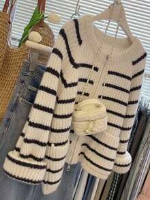 JIANHU 条纹针织开衫 - 秋冬款，全拉链设计，罗纹袖口和口袋 | 圣诞市集及休闲办公场合 - 黑色 - 查看 4