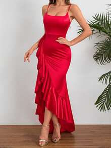 Women Summer Dress, High-End Elegant Sexy Spaghetti Strap Ruffle Hem Slit Dress Party Dress For Women, Suitable For Valentine's Day, Dates, Gatherings, Parties, Travel, Vacation, Beach Wedding Spring - 紅色 - 查看 9