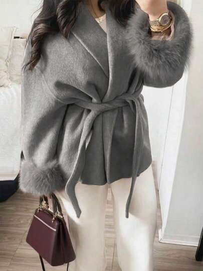 Romantic, Elegant, Minimalist Casual Fashion Commuter Long Sleeve Warm Coat, Solid Color Faux Fur Trim, Women Jacket For Holiday, Evening Date, Office, Vacation, Autumn/Winter