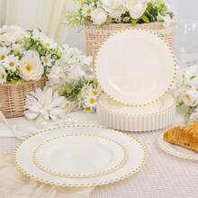 100pcs Plastic Plates With Gold Beads Plates Heavy Duty Party Supplies Includes 10.25inch Dinner Plate And 7.5inch Dessert Disposable Plate For Party,Wedding,Bridal Showers - 象牙白 - 查看 8