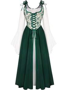 Medieval Renaissance Gown - Women's Floral Peasant Dress With Elegant Bell Sleeves, Festival Formal Dress - 墨綠色 - 查看 1
