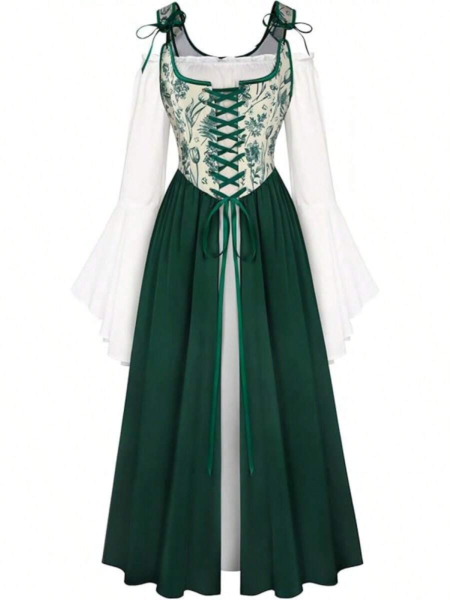 Medieval Renaissance Gown - Women's Floral Peasant Dress With Elegant Bell Sleeves, Festival Formal Dress - 墨綠色 - 查看 1