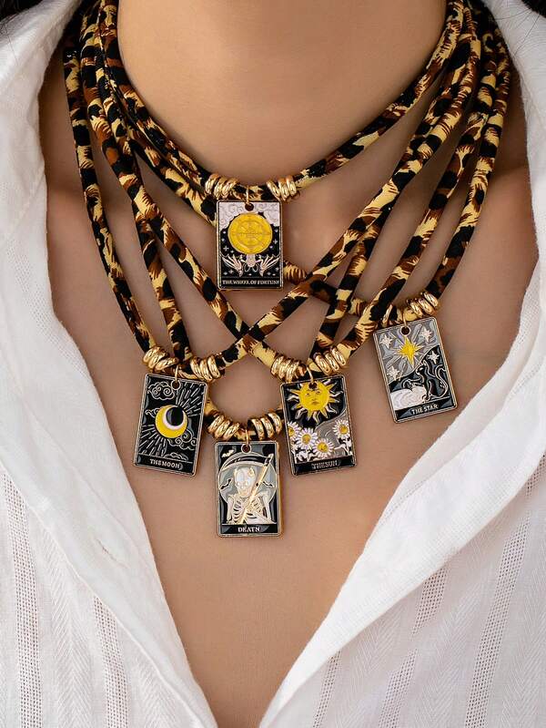 1 pieza Nuevo collar de mujer con colgante de tarjeta de tarot en cuerda de nailon, collar con colgante grande personalizado de estampado de leopardo de moda para mujer