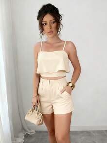 Ragata Women's Tailored Set+ Shorts Casual/Social Fashion Work Blazer With Front Button Solid And Elegant Women's Tank Top/Elegant/Sophisticated With Fake Pockets/With Buttons/Monster Shoulder/Blogger/Fashion/National Shipping Promotion 2024 - 米色 - 查看 1