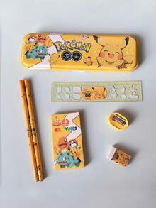 Authorized By Pokemon Pikachu Cartoon Character Style Stationery Gift Box Set, Including Pencil, Notebook, Pencil Sharpener, Pencil Case, Ruler And Eraser,Crayon
