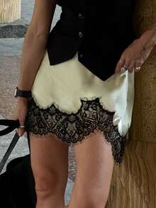 Women Satin Silk Half  Short Skirts Elastic Waist Lace Trim Skirt Low Rise Coquette Lace Underskirts Streetwear - 香檳色 - 查看 2