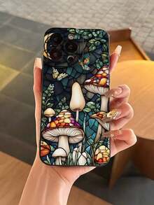 Fashionable Popular Personalized Stained Glass Mushroom & Butterfly Pattern Design Theme Luxury Shockproof Aesthetic Cute Phone Case,Lens Protrusion Protection ,Suitable For IPhone17/IPhone17 Air/IPhone17 Pro/IPhone17 Pro Max/16 Pro Max/15 Pro Max/14 Pro Max/13 Pro Max/12 Pro Max, Gift For Easter Day, Christmas Halloween Decoration/Gift For Birthday, Girlfriend, Boyfriend, Friend Or Yourself. - 黑色 - 查看 6