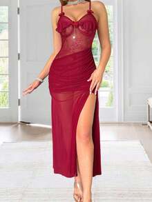 Women Lingerie Set Adjustable Spaghetti Strap Side High Slit Bow Decor Nightdress And Thong Exotic Naughty Sleepwear - Red - View 3