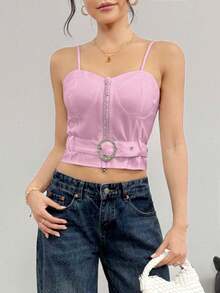 Top de tirantes para mujer ligero casual unicolor de moda con cinturón decorativo y lindos detalles en pedrería sexy para uso diario - Rosa - Ver 4