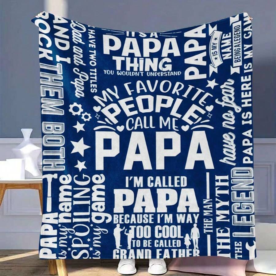Lodge Style Grandfather Gift Soft Flannel Blanket - All-Season Cozy Fleece Throw With Papa & Grandpa Phrases, 200-250 GSM Polyester, Blue & White Lettering, Ideal Father's Day/Birthday Present For Dads & Grandpas