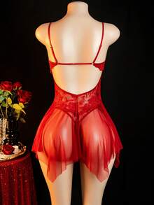 Women's Sexy Red Lace-Edged Open-Front Nightgown With Front Button Closure, Paired With Matching Women's Skirt And Lingerie - Beautiful Lace Edges, Flared Hem, Well-Shaped Contours, Lace Nightgown, Well-Fitted Design, Sensual Attire - 紅色 - 查看 3