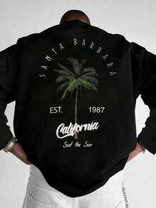 春秋必备！美式加州海滩风男士长袖T恤，圣巴巴拉棕榈树图案，休闲轻薄，适合叠穿。 - 黑色 - 查看 5