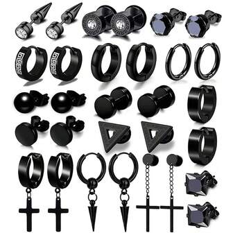 paquete de 30 pendientes para hombres - Conjunto de pendientes de aro y de botón de acero quirúrgico inoxidable negro hipoalergénico - Conjunto de joyas de pendientes de estilo gótico punk para unisex