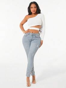 IDYLLIC Pantalones vaqueros ajustados de moda para mujer, de mezclilla de alta elasticidad con botones y detalles de cremallera, pantalones largos casuales - Azul - Ver 2