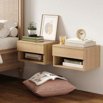 Jackson Wall Mounted Floating Bedroom Nightstand With Storage Drawer Anodern Open Shelf Cubby, Light Oak Wood,23960521