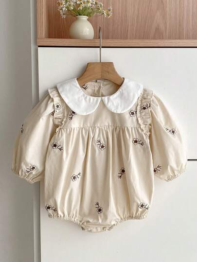 Långärmad body för babyflicka, vår/höst, blommig broderad body med slag