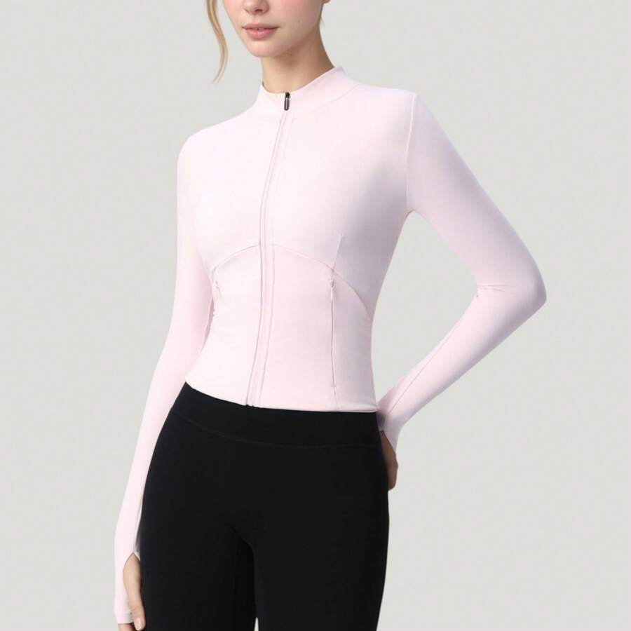 Women's Long Sleeve Full Zip Athletic Jacket With Thumbholes And Fitted Silhouette - Hồng - Xem 1