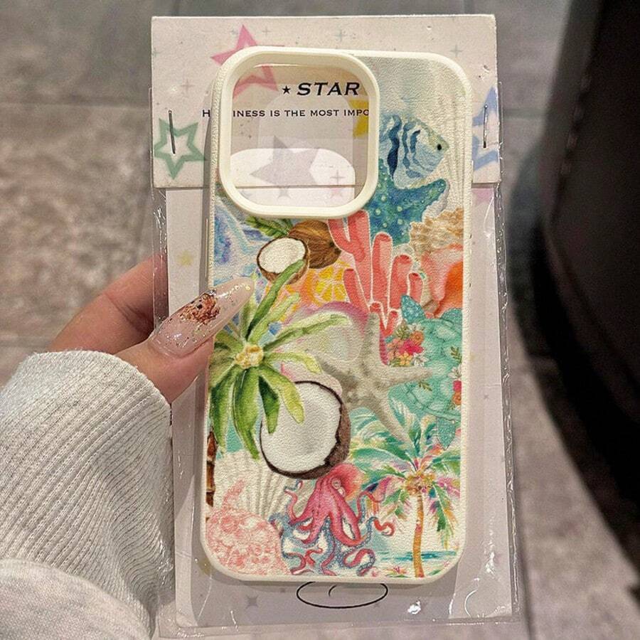 1pc TPU Material Fresh Coconut Tree, Coral, Shell Pattern Phone Case Suitable For IPhone 17 Pro Max,International Version, Not The Domestic Version - White - View 1