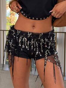 Women Belly Dance Sequin Tassel Hip Scarf Triangle Belt Wrap Skirts Music Festival Sheer Mesh Waist Chain - 紅色 - 查看 3