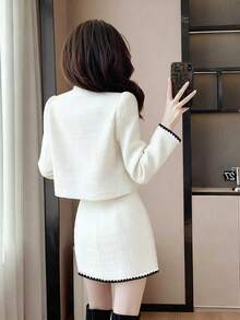 YooLy 春季优雅前胸饰边平沿口袋上衣和半身裙套装（两件套），撞色设计