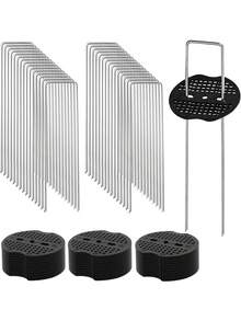 20 Peças Estacas em U para Paisagismo com Espaçadores - Estacas de Solo de Aço Galvanizado Resistentes | Ponta para Instalação Fácil, Âncoras para Grama Artificial e Rede de Jardim