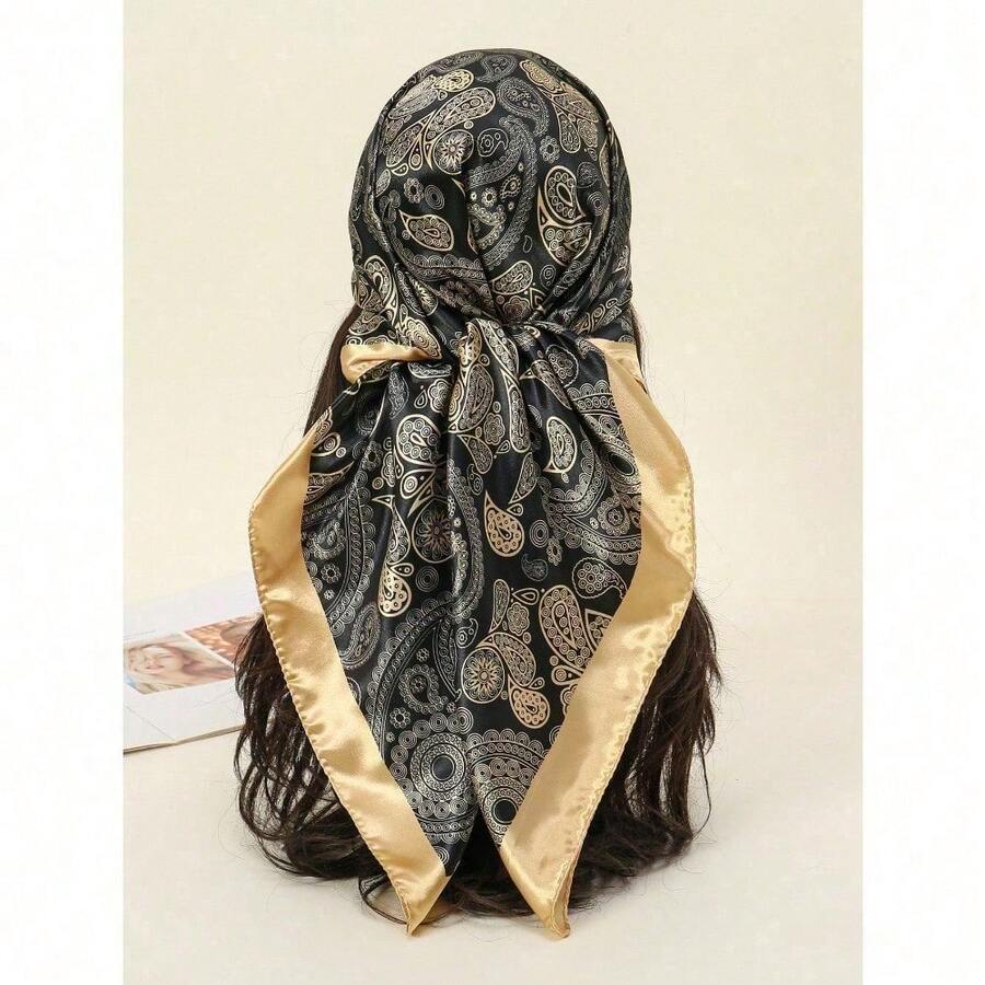 1PC Women's Red And White Paisley Printed Bandana Square Towel, 90CM 1 90cm Women's Luxury Scarf, Headscarf Silk Scarf, Fashion Printed Square Scarf, Four Seasons Versatile Casual Polyester Scarf - 黑金 - 查看 1