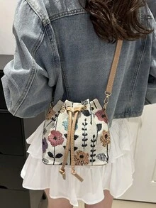 今年秋冬新款单肩斜挎包、手提包、办公/通勤包、纹理抽绳水桶包、简约时尚小碎花单肩包 - 彩色 - 查看 5