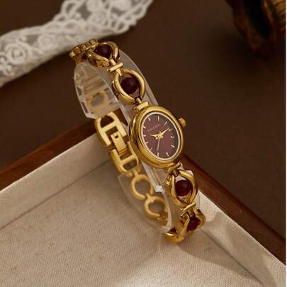 1 pieza Reloj pulsera elegante y de lujo de mujer con granate burdeos, estilo francés vintage, adecuado como regalo de vacaciones