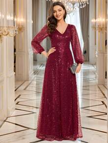 EVERPRETTY Đầm dạ hội sang trọng màu đỏ tía đính sequin, tay phồng, cổ chữ V sâu, thích hợp cho mùa thu đông, dự tiệc tối, lễ phục dự đám cưới, mùa xuân. - Màu Đỏ Sâu - Xem 2