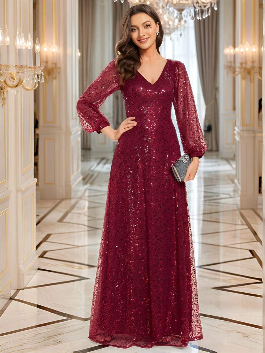 EVERPRETTY Đầm dạ hội sang trọng màu đỏ tía đính sequin, tay phồng, cổ chữ V sâu, thích hợp cho mùa thu đông, dự tiệc tối, lễ phục dự đám cưới, mùa xuân.