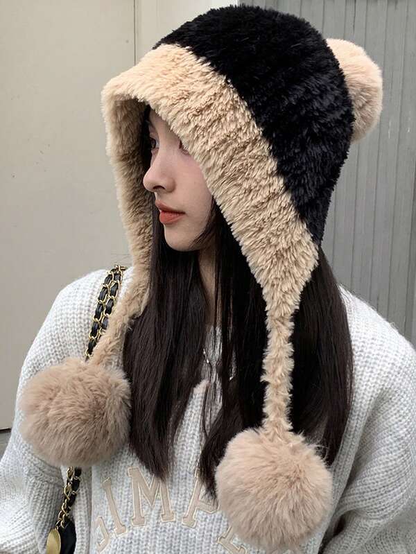 1pc Oversized Plush Pom Pom Earflap Hat, Cute & Warm Winter Hat For Women, Thick Knitted Beanie With Lining, Suitable For Autumn/Winter