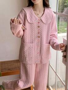 Set de pijamale și halat de baie cu guler de păpușă îngroșat, stil prințesă leneșă, 1 piesă, pentru femei, drăguț, îngroșat, confortabil, casual, moale, pentru toamnă și iarnă, potrivit pentru purtarea zilnică acasă și pentru somn