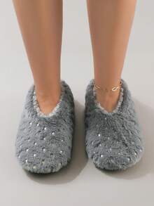 Fashion Gold Foil Shiny Star Pattern Plush Warm Women's Indoor Slippers Non-Slip Floor Socks - Grey - View 5