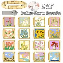 1PC Stainless Steel Italian Module Bracelet Components, Featuring Various Floral Patterns, DIY Making Jewelry For Bracelet Necklaces, Can Be Freely Matched With Different Styles