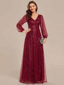 EVERPRETTY Đầm dạ hội sang trọng màu đỏ tía đính sequin, tay phồng, cổ chữ V sâu, thích hợp cho mùa thu đông, dự tiệc tối, lễ phục dự đám cưới, mùa xuân. - Màu Đỏ Sâu - Xem 3