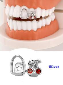 1件装女士金牙套，镂空金花樱花牙套，银色牙套，14K镀金饰品，适合角色扮演时尚，附赠定型棒 - 彩色 - 查看 14