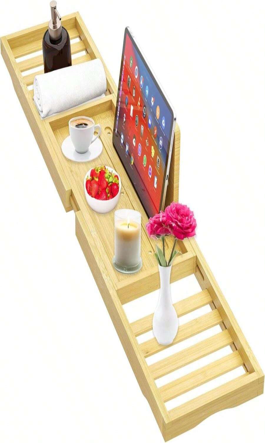 Premium Bamboo Bathtub Tray Caddy - Bath Tub Tray Table For Bathtub - Bath Caddy Tray For Bathtub, Expandable Size, Fits Most Bath Tubs