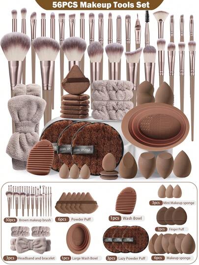 56PCS Combination Makeup Tool Set, Eye Shadow Brush And Eyebrow Brush & Basic Brush And Powder Makeup Brush & Blush Brush And Concealer Brush And Highlighter Brush Ultra Soft Advanced Synthetic Hair For Daily Facial Makeup