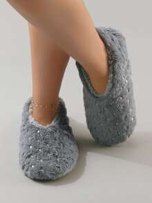 Fashion Gold Foil Shiny Star Pattern Plush Warm Women's Indoor Slippers Non-Slip Floor Socks - Grey - View 3