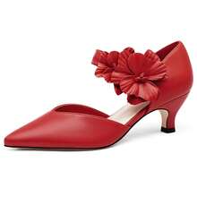 Women's Pointed Toe Kitten Heels - Closed Toe Floral Embellished With Cushioned Insole Christmas Gift & New Year Gift - 紅色 - 查看 1
