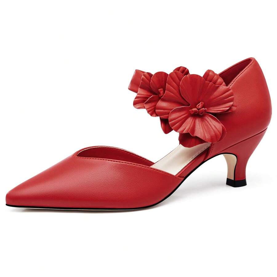Women's Pointed Toe Kitten Heels - Closed Toe Floral Embellished With Cushioned Insole Christmas Gift & New Year Gift - 紅色 - 查看 1
