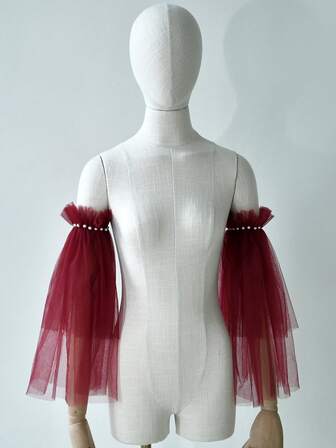 1 par vinröda vintage-ärmar i tyll för brudparet med pärldekor, lämpliga för baler, galor, brudklänningsaccessoarer, enfärgade