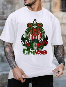 Camiseta de fanático del fútbol mexicano Viva, con un vibrante estampado gráfico de orgullo mexicano y un vibrante diseño mexicano, cuello redondo, manga corta, camiseta casual, estilo mexicano, uso di - Blanco - Ver 1