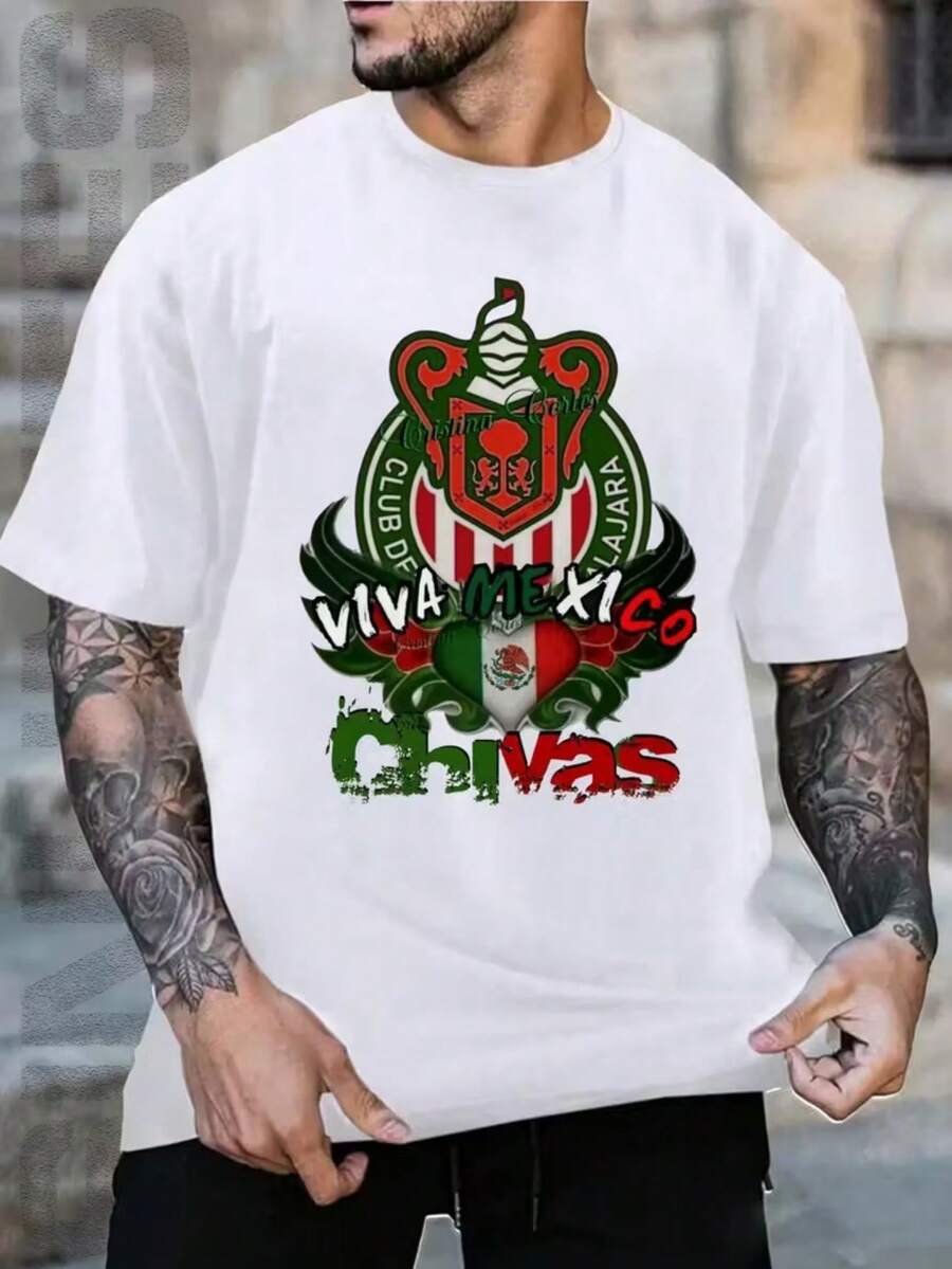 Camiseta de fanático del fútbol mexicano Viva, con un vibrante estampado gráfico de orgullo mexicano y un vibrante diseño mexicano, cuello redondo, manga corta, camiseta casual, estilo mexicano, uso di - Blanco - Ver 1
